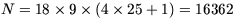 $N=18 \times 9 \times (4 \times
25+1)=16362$